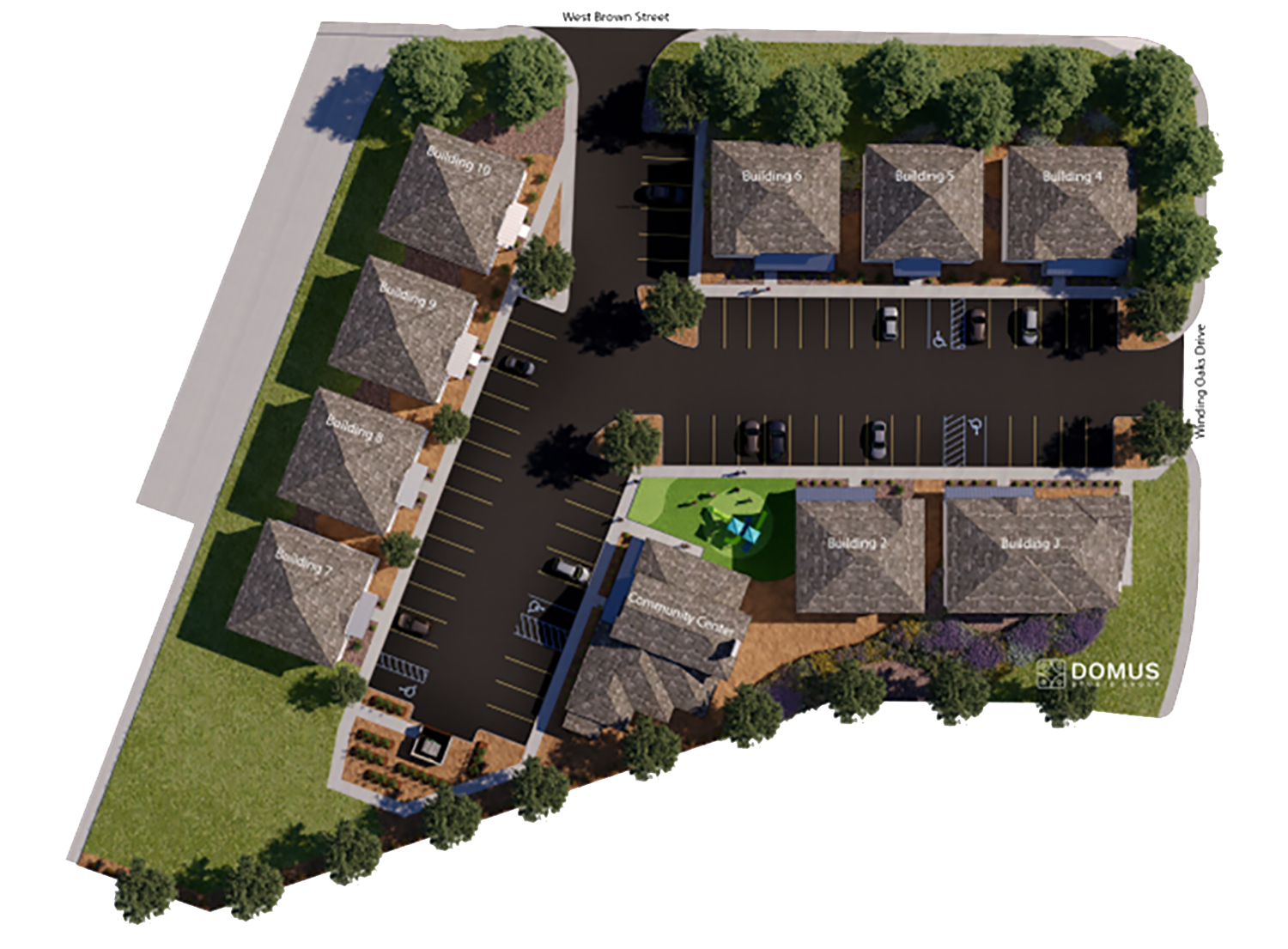 Concept image of the Jericho Village homes and community center from an aerial view.