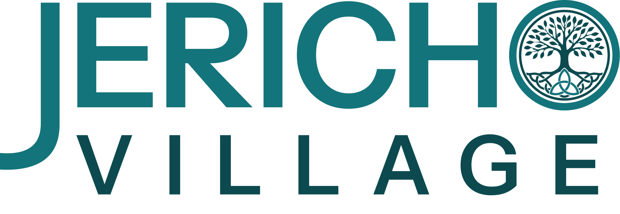 Jericho Village logo – Text with a Celtic-style tree of life symbol containing a triquetra symbol in the roots.