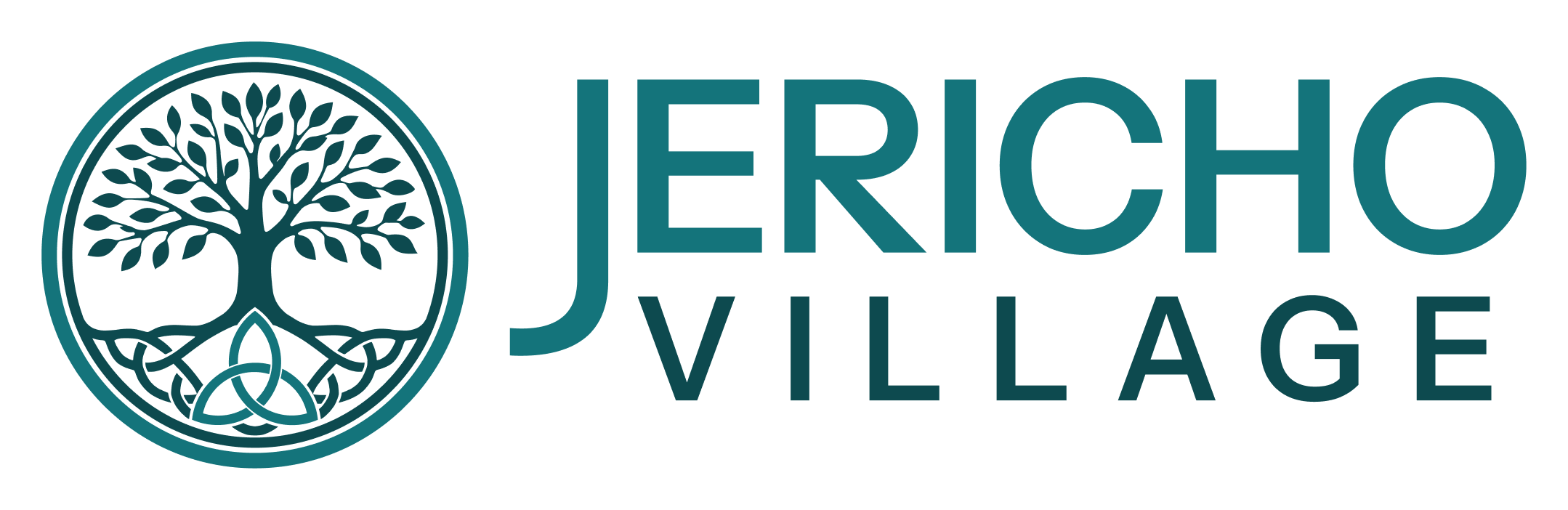 Jericho Village logo – Text with a Celtic-style tree of life symbol containing a triquetra symbol in the roots.