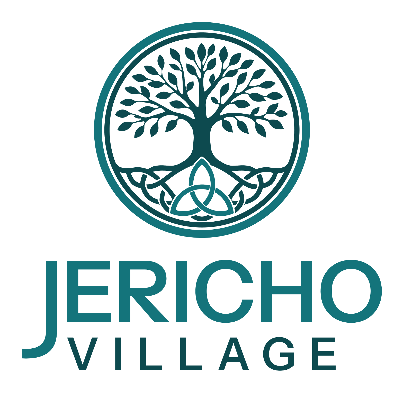 Jericho Village logo – Text with a Celtic-style tree of life symbol containing a triquetra symbol in the roots.